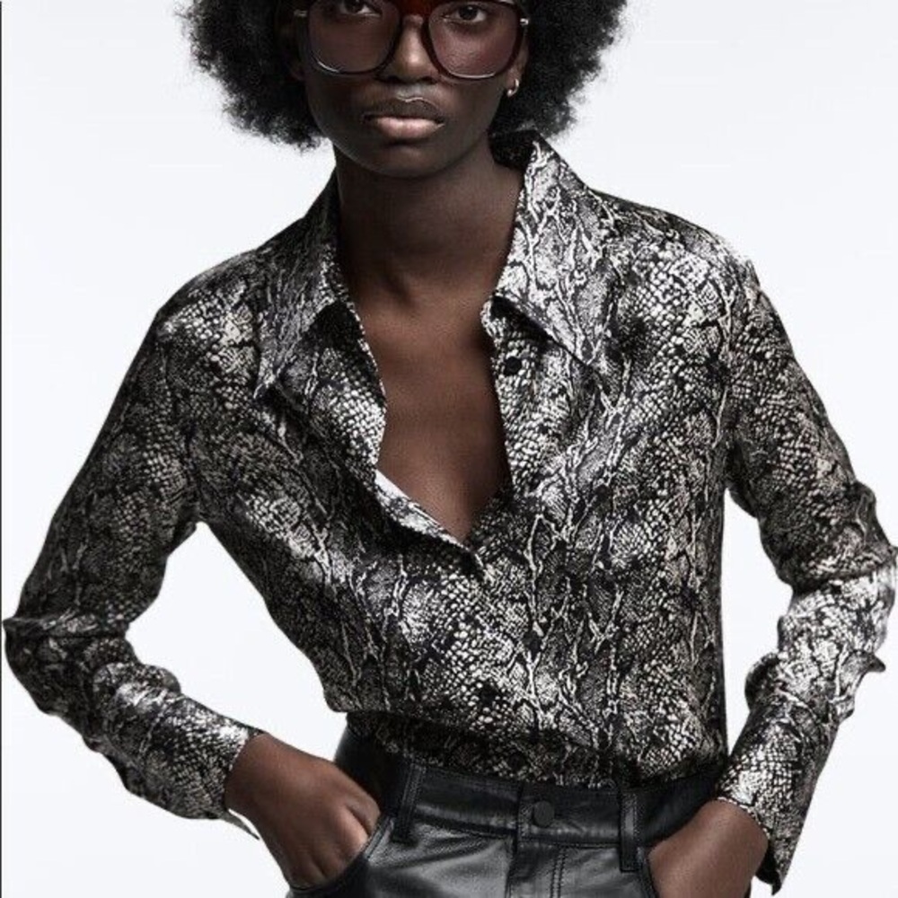 Zara Black and Gray Snake Print Blouse